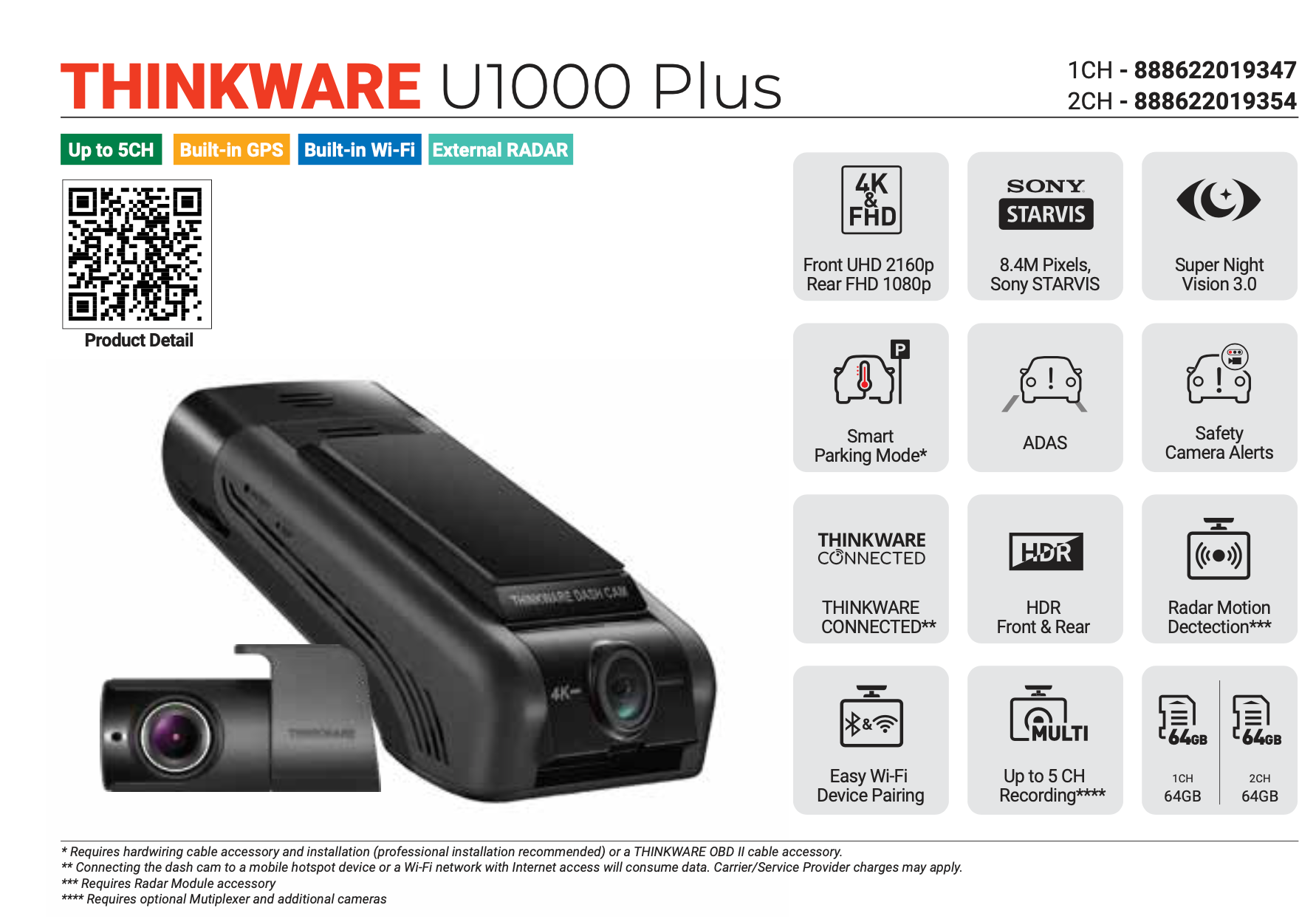 U1000 Plus Dash Camera Front and Rear with HDR